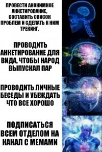 Провести анонимное анкетирование, составить список проблем и сделать к ним трекинг. Проводить анкетирование для вида, чтобы народ выпускал пар Проводить личные беседы и убеждать что все хорошо Подписаться всем отделом на канал с мемами