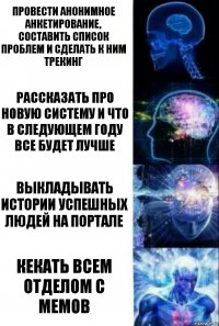 провести анонимное анкетирование, составить список проблем и сделать к ним трекинг Рассказать про новую систему и что в следующем году все будет лучше Выкладывать истории успешных людей на портале Кекать всем отделом с мемов