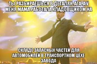 ты разбираешься в деталях. ага. а у меня мама работала кладовщиком на складе запасных частей для автомобилей в транспортном цехе завода