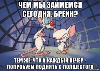 чем мы займемся сегодня, брейн? тем же, что и каждый вечер - попробуем поднять с полшестого