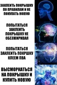 Заклеить покрышку по правилам и не покупать новую Попытаться заклеить покрышку не обезжиривая Попытаться заклеить покршку клеем ПВА Высморкаться на покрышку и купить новую