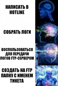 Написать в Hotline Собрать логи Воспользоваться для передачи логов FTP-сервером Создать на FTP папку с именем тикета