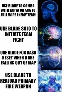 Use blade to combo with zarya or ana to full wipe enemy team Use blade solo to initiate team fight Use blade for dash reset when u are falling out of map Use blade to reaload primary fire weapon