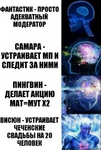 Фантастик - просто адекватный модератор САМАРА - устраивает МП и следит за ними ПИНГВИН - делает акцию мат=мут х2 ВИСЮН - УСТРАИВАЕТ ЧЕЧЕНСКИЕ СВАДЬБЫ НА 20 ЧЕЛОВЕК