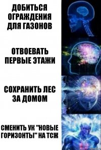 Добиться ограждения для газонов Отвоевать первые этажи Сохранить лес за домом Сменить УК "Новые Горизонты" на ТСЖ