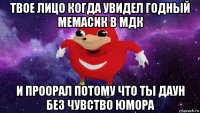 твое лицо когда увидел годный мемасик в мдк и проорал потому что ты даун без чувство юмора