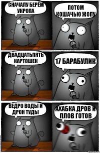 Сначалу берём укропа Потом кошачью жопу Двадцатьпять картошек 17 барабулик Ведро воды и дрон туды Ахабка дров и плов готов