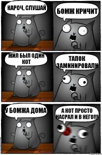 Кароч, слушай Бомж кричит Жил был один кот тапок заминировали У бомжа дома А кот просто насрал и в него!!!