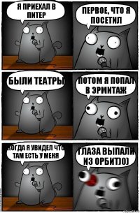 я приехал в питер первое, что я посетил были театры потом я попал в эрмитаж когда я увидел что там есть у меня глаза выпали из орбит)0)