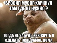 бросил мусор,харкнул там где не нужно ? тогда не забудь хрюкнуть и сделать тоже самое дома