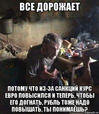 все дорожает потому что из-за санкций курс евро повысился и теперь, чтобы его догнать, рубль тоже надо повышать, ты понимаешь?