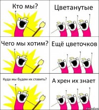 Кто мы? Цветанутые Чего мы хотим? Ещё цветочков Куда мы будем их ставить? А хрен их знает