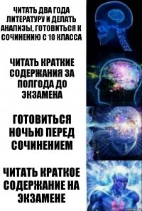 Читать два года литературу и делать анализы, готовиться к сочинению с 10 класса Читать краткие содержания за полгода до экзамена Готовиться ночью перед сочинением Читать краткое содержание на экзамене