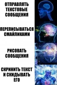 Отправлять текстовые сообщения Переписываться смайликами Рисовать сообщения Скринить текст и скидывать его