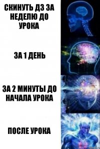 Скинуть ДЗ за неделю до урока За 1 день За 2 минуты до начала урока После урока