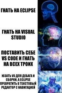 гнать на Eclipse гнать на Visual Studio поставить себе VS Code и гнать на всех троих Юзать VS для дебага и сборки, а Eclipse превратить в текстовый редактор с навигацией