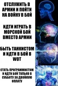 Отслужить в армии и пойти на войну в бой Идти играть в морской бой вместо армии Быть танкистом и идти в бой в wot Стать программистом и идти бой только в субботу за двойную оплату