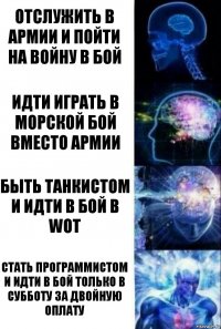 Отслужить в армии и пойти на войну в бой Идти играть в морской бой вместо армии Быть танкистом и идти в бой в wot Стать программистом и идти в бой только в субботу за двойную оплату