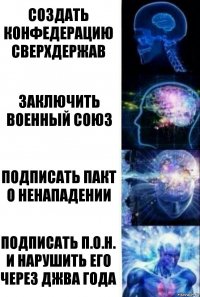 Создать конфедерацию сверхдержав Заключить военный союз Подписать пакт о ненападении Подписать П.О.Н. и нарушить его через джва года