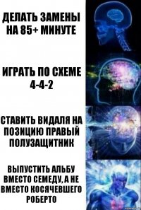 Делать замены на 85+ минуте Играть по схеме 4-4-2 Ставить Видаля на позицию правый полузащитник Выпустить Альбу вместо Семеду, а не вместо косячевшего Роберто