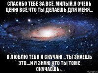 спасибо тебе за всё, милый.я очень ценю всё,что ты делаешь для меня... я люблю тебя и скучаю ...ты знаешь это....и я знаю,что ты тоже скучаешь...