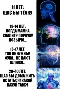 11 лет:
Щас бы тёлку 13-14 лет:
Когда мамка свалит? Порнуху позырю... 16-17 лет:
Тян не нужны! Сука... не дают шлюхи... 20-40 лет:
Щас бы дома жить остаться! какой нахуй там?!