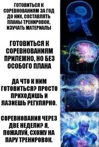 Готовиться к соревнованиям за год до них, составлять планы тренировок, изучать материалы Готовиться к соревнованиям прилежно, но без особого плана Да что к ним готовиться? Просто приходишь и лазиешь регулярно. Соревнования через две недели? Я, пожалуй, схожу на пару тренировок.