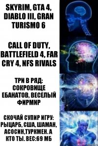 Skyrim, gta 4, diablo iii, gran turismo 6 call of duty, battlefield 4, far cry 4, nfs rivals три в ряд: сокровище ебанатов, веселый фирмир скочай супир игру: рыцарб, сша, шаман, асосин,туркмен. а кто ты. вес:69 мб