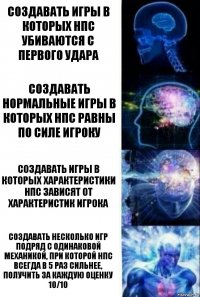 Создавать игры в которых НПС убиваются с первого удара Создавать нормальные игры в которых НПС равны по силе игроку Создавать игры в которых характеристики НПС зависят от характеристик игрока Создавать несколько игр подряд с одинаковой механикой, при которой НПС всегда в 5 раз сильнее, получить за каждую оценку 10/10