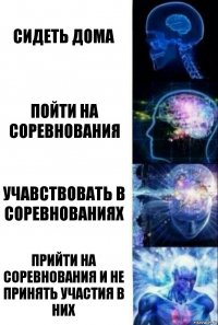 Сидеть дома Пойти на соревнования Учавствовать в соревнованиях Прийти на соревнования и не принять участия в них