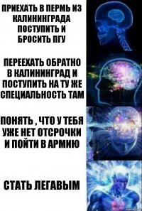 приехать в Пермь из Калининграда поступить и бросить ПГУ переехать обратно в Калининград и поступить на ту же специальность там понять , что у тебя уже нет отсрочки и пойти в армию СТАТЬ ЛЕГАВЫМ