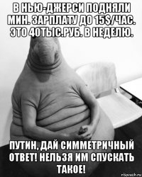 в нью-джерси подняли мин. зарплату до 15$/час. это 40тыс.руб. в неделю. путин, дай симметричный ответ! нельзя им спускать такое!