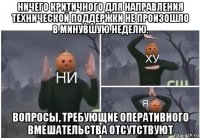 ничего критичного для направления технической поддержки не произошло в минувшую неделю. вопросы, требующие оперативного вмешательства отсутствуют