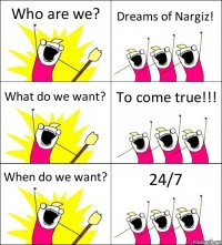 Who are we? Dreams of Nargiz! What do we want? To come true!!! When do we want? 24/7