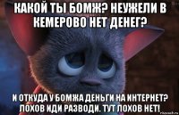 какой ты бомж? неужели в кемерово нет денег? и откуда у бомжа деньги на интернет? лохов иди разводи. тут лохов нет!