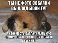 ты не фото соба4ки выкладывай тут а стоимость. запла4у реальную сумму. знаешь какие эти соба4ки вкусные?