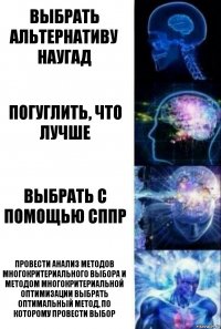 Выбрать альтернативу наугад Погуглить, что лучше Выбрать с помощью СППР Провести анализ методов многокритериального выбора и методом многокритериальной оптимизации выбрать оптимальный метод, по которому провести выбор