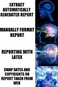 extract automatically generated report Manually format report reporting with LATEX Swap dates and copyrights on report taken from Web