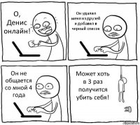 О, Денис онлайн! Он удалил меня из друзей и добавил в черный список Он не общается со мной 4 года Может хоть в 3 раз получится убить себя!