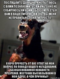 послушайте, девушка, я не пытаюсь с вами познакомиться и уж точно не собираюсь ни коим образом лезть к вам в вашу личную жизнь. вы меня не правильно поняли просто. я хочу прочесть от вас ответ на мой вопрос по поводу вашего негодования, безобоснованной ненависти, презрения, жестоких высказываний в мой адрес. в чём причины?