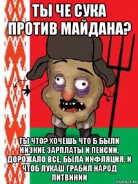 ты че сука против майдана? ты что? хочешь что б были низкие зарплаты и пенсии, дорожало все, была инфляция. и чтоб лукаш грабил народ литвинии