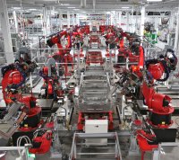Создать мем Tesla Model 3 Robotic Manufacturing