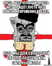 пусть нато услышит,пусть нато придёт,пусть нато войска непременно введет, ведь мы для свободной европы,подставили сальные жопы