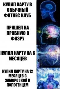 Купил карту в обычный фитнес клуб Пришел на пробную в Физру Купил карту на 6 месяцев Купил карту на 12 месяцев с заморозкой и полотенцем