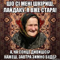 шо сі мені шкіриш, лайдаку, я вже стара! а, на сонце дивишсі? кажеш, завтра зимно буде?