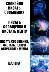 Спокойно писать сообщения Писать сообщения и листать ленту Писать сообщения, листать ленту и отправлять мемы Валера