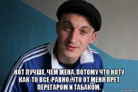  кот лучше, чем жена, потому что коту как-то все-равно, что от меня прет перегаром и табаком.