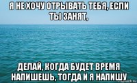 я не хочу отрывать тебя, если ты занят, делай, когда будет время напишешь, тогда и я напишу