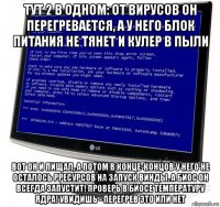 тут 2 в одном: от вирусов он перегревается, а у него блок питания не тянет и кулер в пыли вот он и пищал, а потом в конце-концов у него не осталось рресурсов на запуск винды. а биос он всегда запустит! проверь в биосе температуру ядра! увидишь - перегрев это или нет