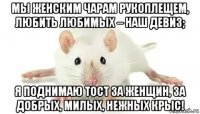 мы женским чарам рукоплещем, любить любимых – наш девиз; я поднимаю тост за женщин, за добрых, милых, нежных крыс!